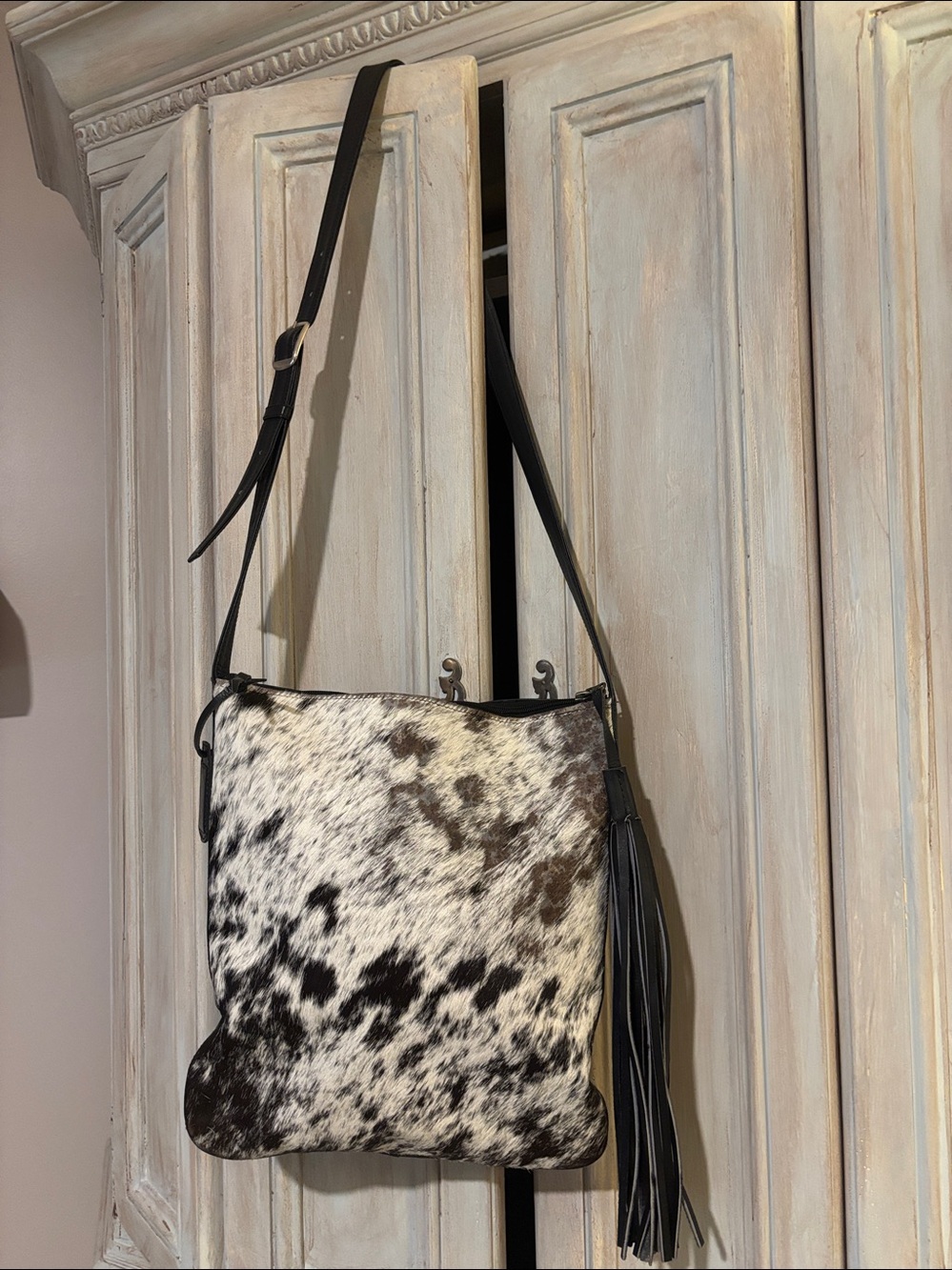 Leather Black & White Speckled Crossbody Bag with Tassel